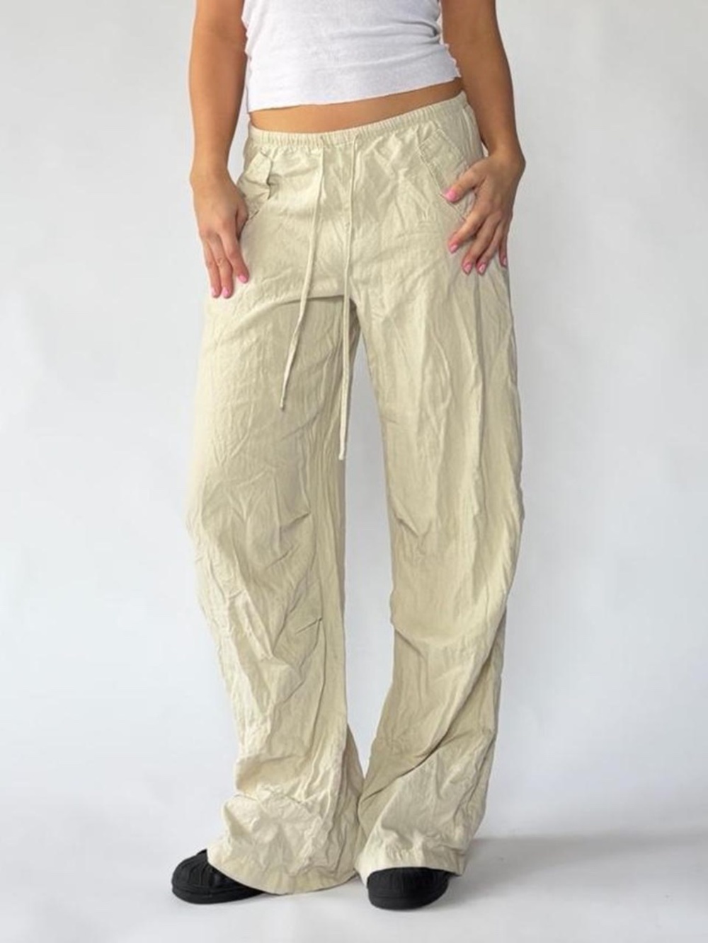 Cargo Pants Cream Low Rise Baggy Small Linen